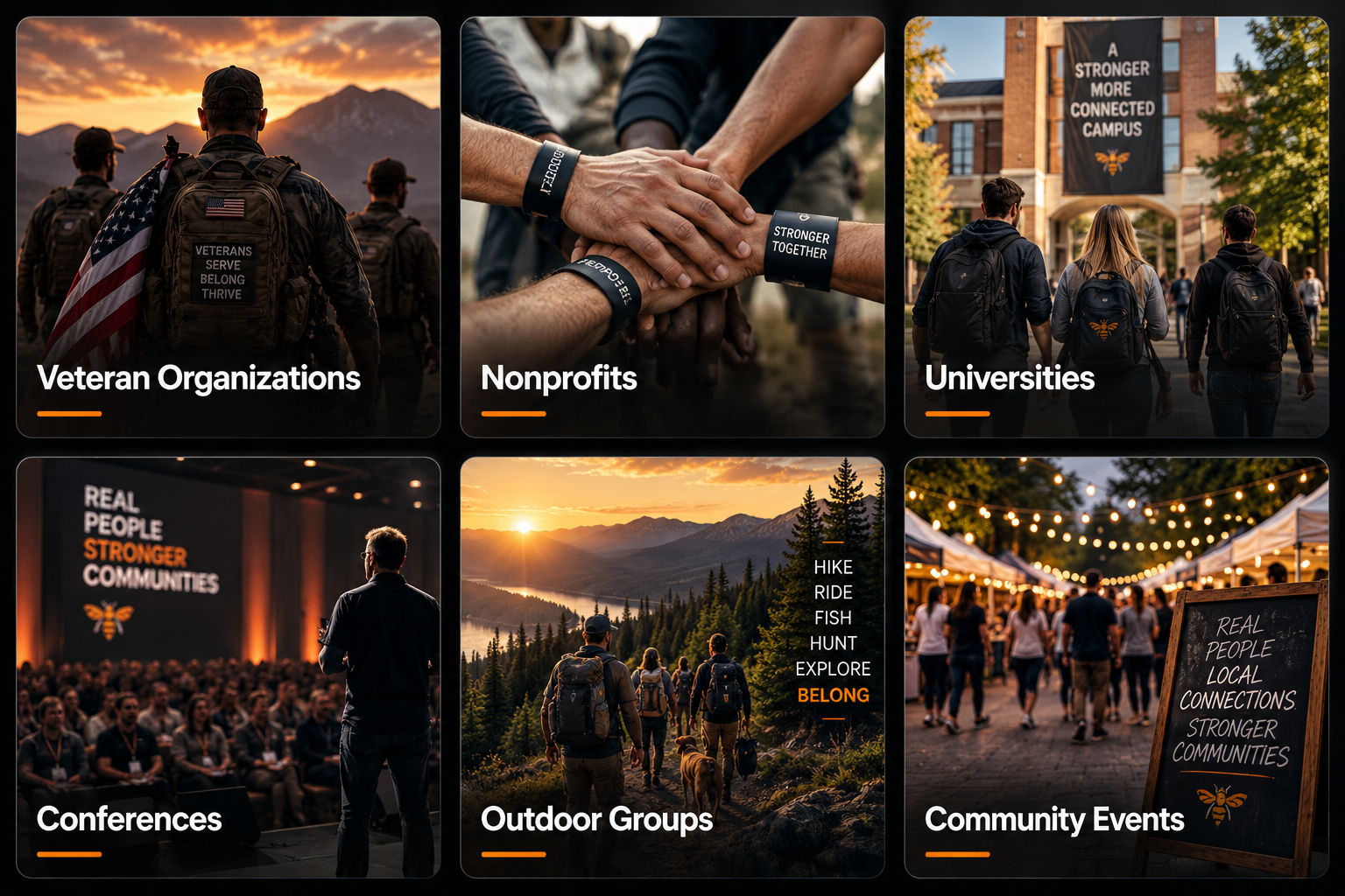 HYV Social community types — Veteran Organizations, Nonprofits, Universities, Conferences, Outdoor Groups, Community Events