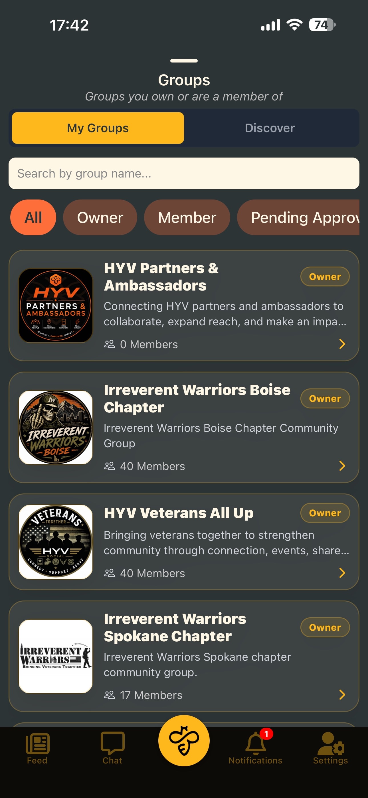 HYV app communities and groups screen